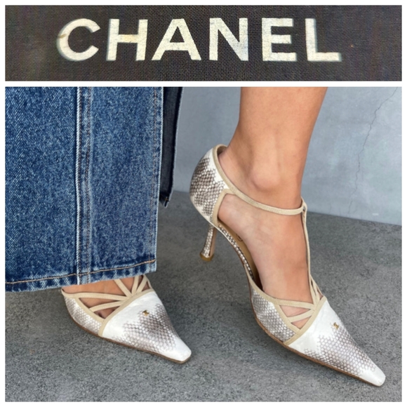 CHANEL Shoes - 💯 Authentic Chanel CC Python Leather T-Strap Pumps Size 38